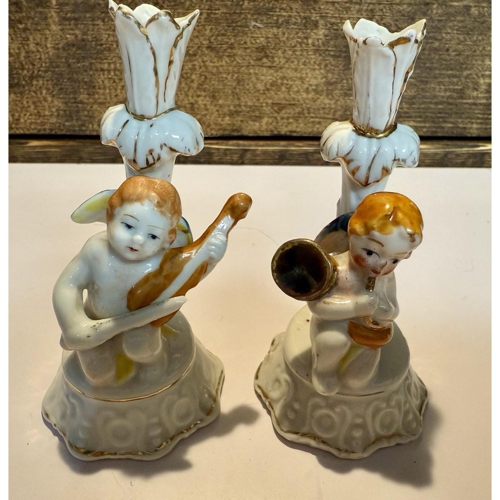 Vtg‎ Cherub Angel Porcelian Mandolin Horn Candle Holder Figurines OCC Japan